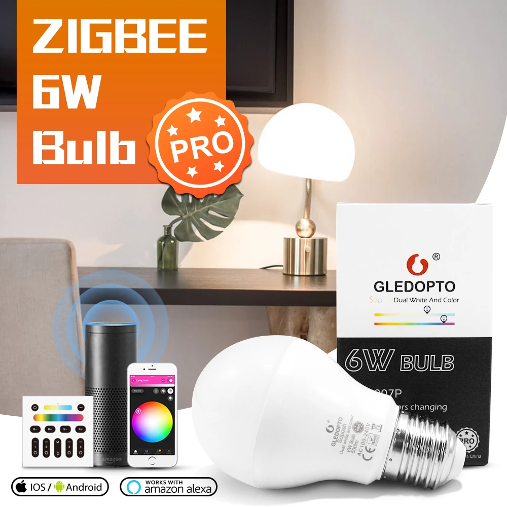 GLEDOPTO Zigbee 3.0 Smart RGB LED Light Bulbs Dimmable 6W Pro Compatible with Tuya App Alexa Echo Plus Voice RF Remote Control