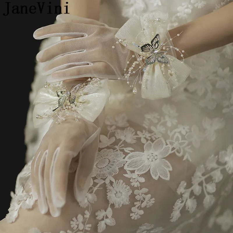 JaneVini Guantes Malla Pearls Butterfly Bow Wedding Gloves for Bride Sexy Sheer Tulle Bridal Womens Gloves Gants En Dentelle