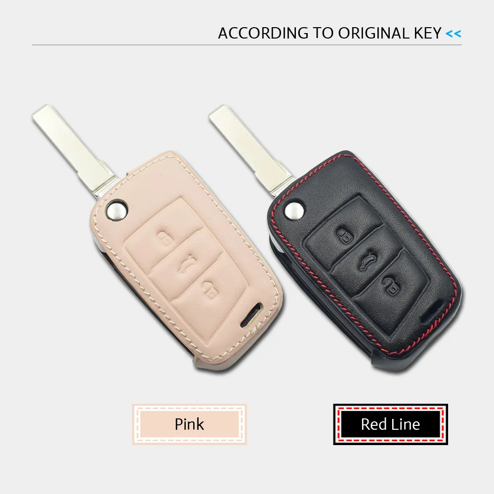 Leather Car Key Case For VW Volkswagen Golf MK7 Jetta Beetle GTI EOS Seat Leon Skoda Octavia 3 Buttons Folding Remote Fobs Cover