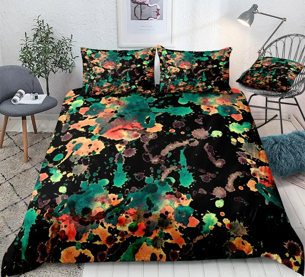 

Watercolor Splatter Bedding Abstract Duvet Cover Set Red Green Home Textiles Black Quilt Cover Teens Queen 3 Pieces Dropship