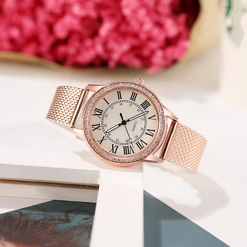 Women Retro Simple Watch Luxury Diamond Roman Numerals Silicone Mesh Belt Ladies Quartz Watch Gift Women Luminous Hands Watches