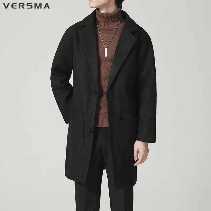 VERSMA British Style Winter Black Duffle Wool Long Jackets Coats Men Solid Color Long Wool Trench Coat Men Overcoat Dropshipping