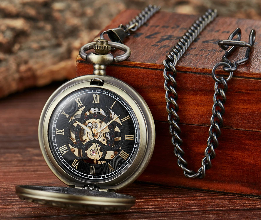 Mechanical Pocket Watch for Men Vintage Skeleton Roman Numeral Reloj Flip Hanging Fob Waist Chain Pendant Mechanisch Zakhorloge