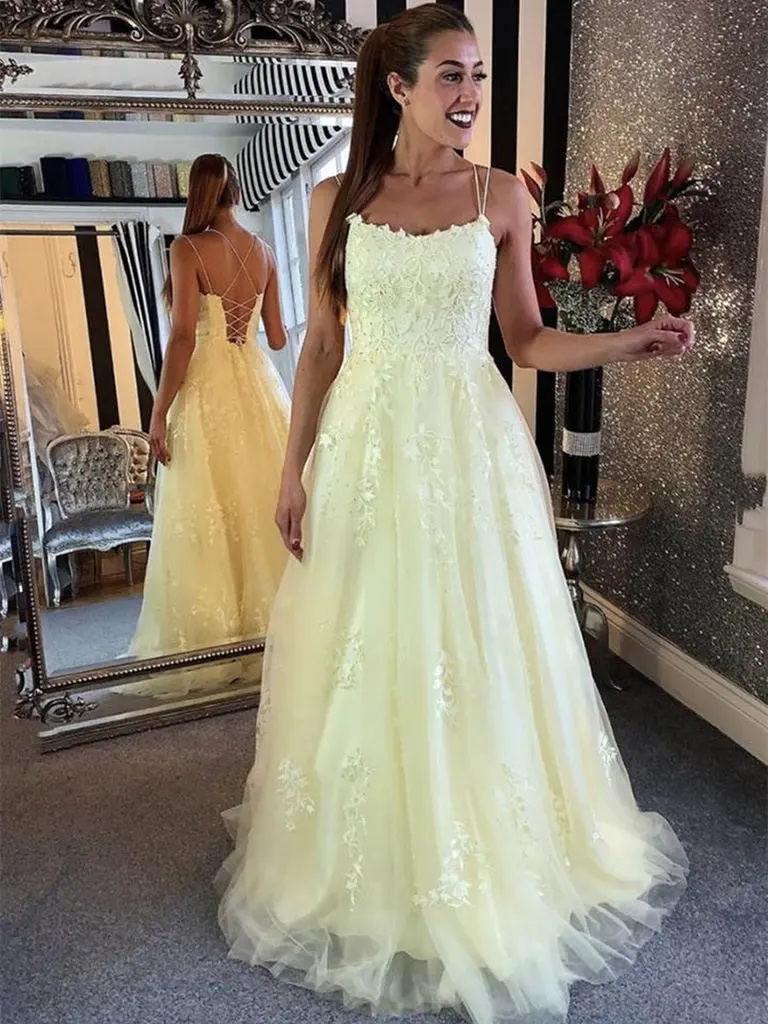 Candy Color Light Yellow Prom Gown with Lace Appliques Double Spaghetti Straps A-line Evening Dress for Special Occasions