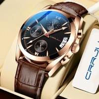 CRRJU Men Watch Waterproof Quartz Men Watches Chronograph Sport Wristwatch Leather Business Male Clock Watch With Box