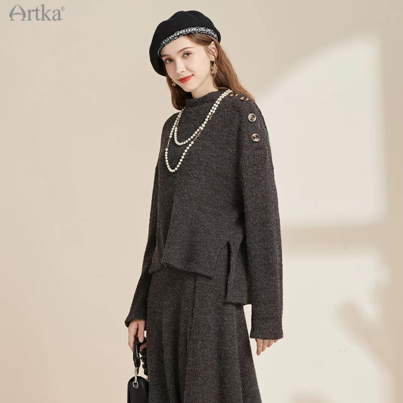 ARTKA 2021 otoño nuevo suéter de las mujeres Conjunto elegante cuello redondo suéter tejido pulóver Midi con volantes Falda de punto 2 piezas conjunto VA20013D