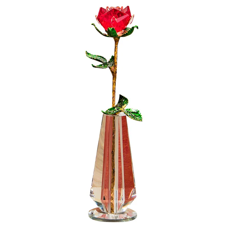 

4 Colors Crystal Rose Vase Figurine Golden Green Leaves Rose Ornament Home Decor Birthday Wedding Gift