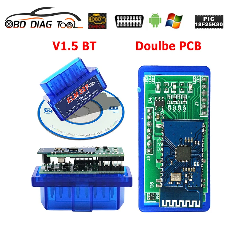 Real ELM327 V1.5 Bluetooth-Compatible PIC18F25K80 Chip Double PCB Car Scanner OBD2 ELM 327 1.5 BT/WIFI Auto Code Reader Android