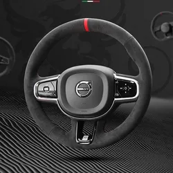 For Volvo XC60 S60L S60 XC90 S90 S80 Alcantara Black Suede DIY Hand Sewn Steering Wheel Handle Cover Interior Accessories