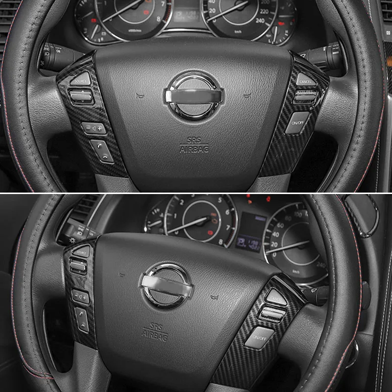 Car Styling Carbon Fiber Color Interior Steering Wheel Decorative Cover Trim Frame Fit For Nissan Patrol Y62 2017 2018 2019 2020