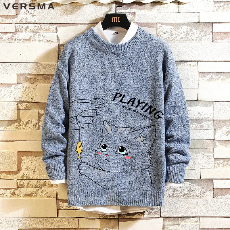 

VERSMA Japanese Harajuku Cartoon Cat Print Sweater Men Women Autumn Loose Vintage Knitted Christmas Sweaters Men Large Size 5XL