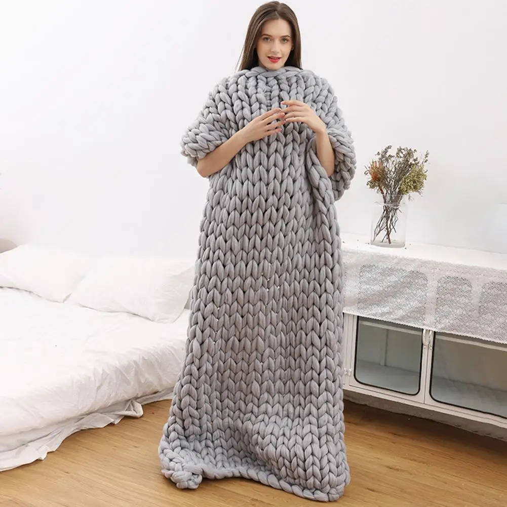 6cm Fashion Hand Made Wool Knitted Blanket Thick Yarn Merino Wool Bulky Knitting Throw Blankets Knit Blanket High Quality