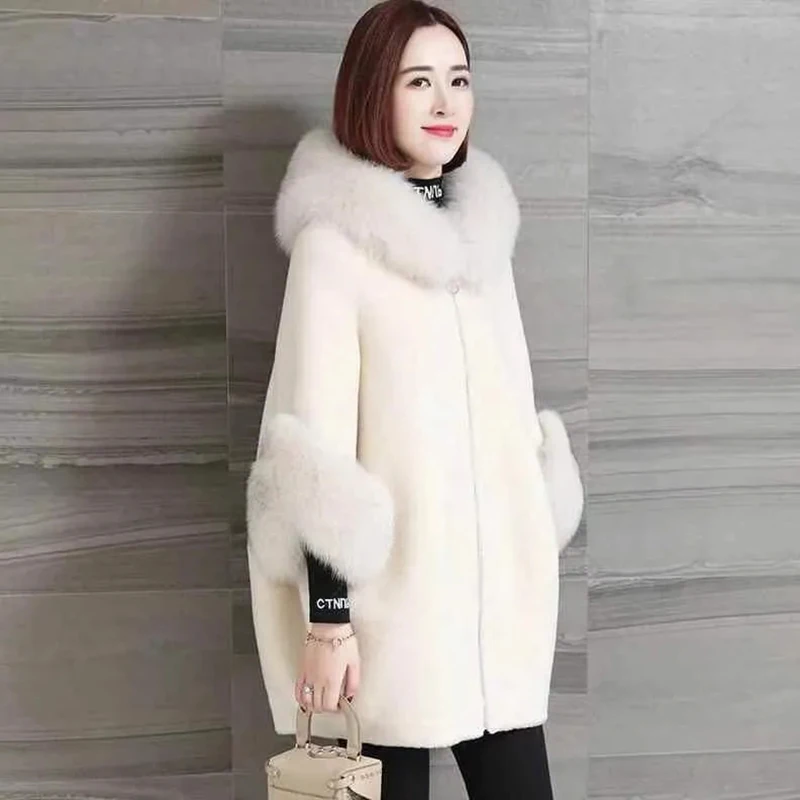 

Winter Clothing Women Mid Length Faux Fur Coat Hooded Three Quarter Sleeve Imitate Sheep Shearing Jacket Thick Warm Female Parka