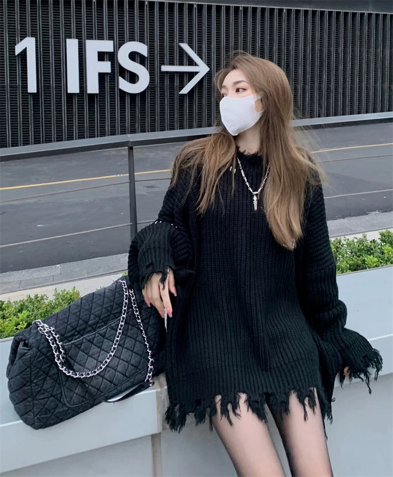 Pull Femme Lazy Loose Irregular Tassels Black Ripped Sweater Women Jumpers Vintage Casual O Neck Long Sleeve Hole Knit Top