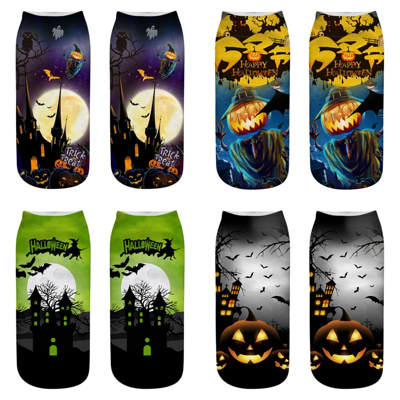 4pairs New 3D Print Funny Cute Cartoon bradypod Unisex Short Socks Creative Halloween  terror Pumpkin Low Ankle Socks For Women