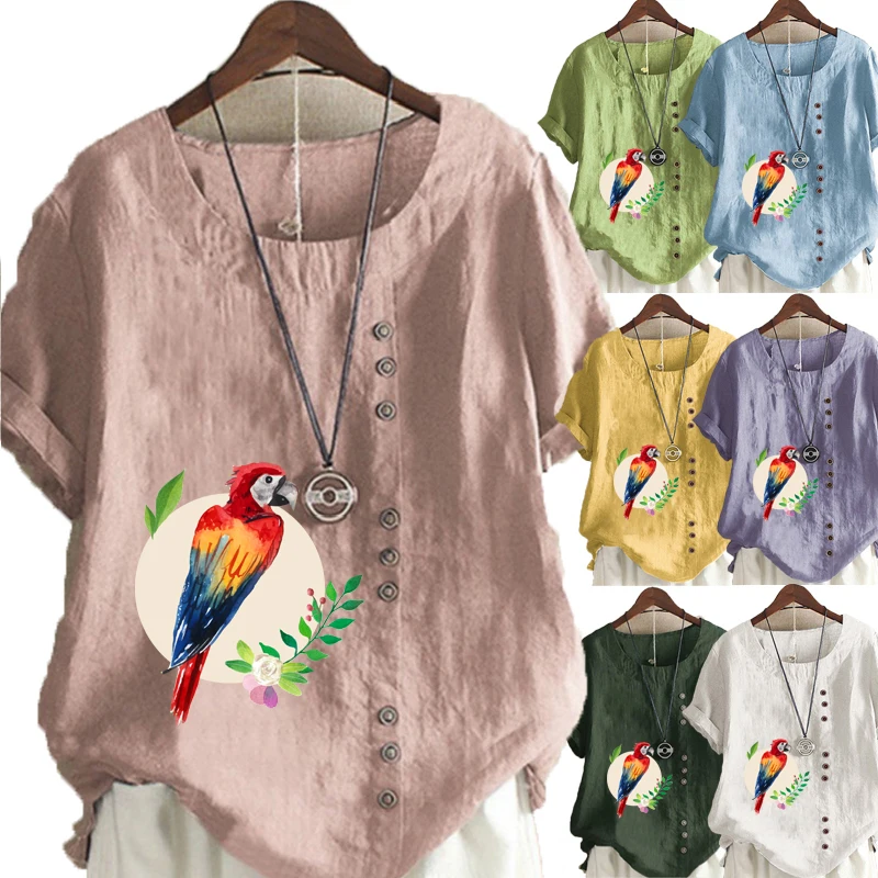 

Women's New Fashion Summer Parrot Prined Round Neck Short Sleeve T-shirt Casual Loose Solid Color Blouse Tops Plus Size