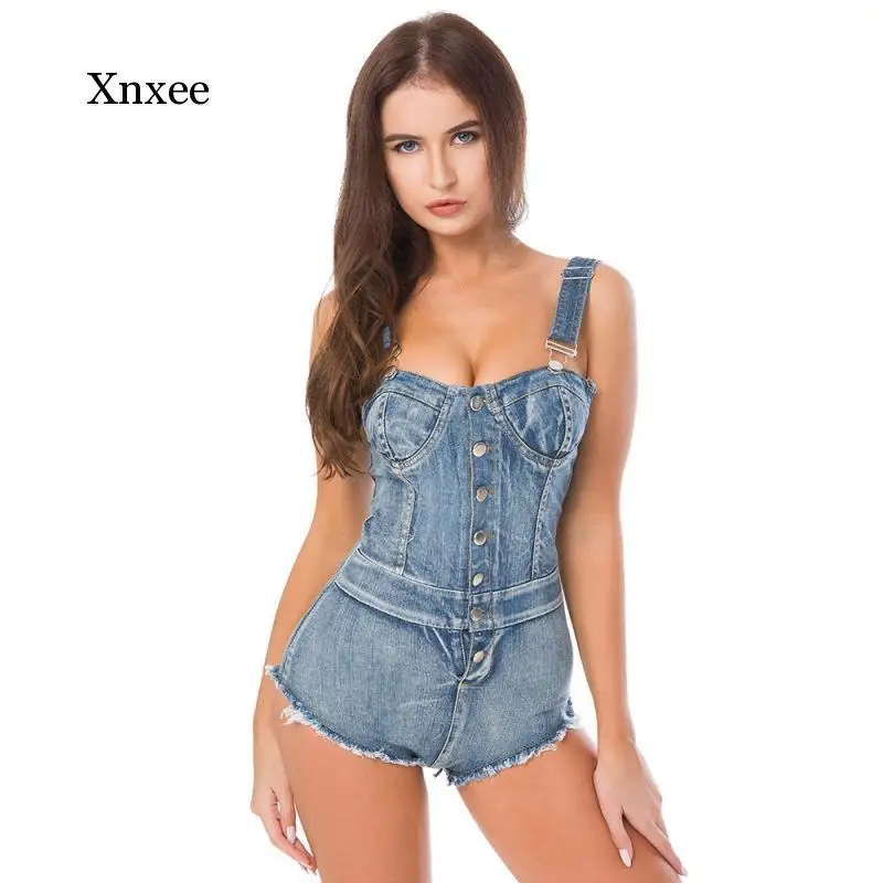 Mùa Hè Mới Spaghetti Dây Đeo Quần Jean Jumpsuitskorean Dạo Phố Đơn Ngực Mỏng Playsuits Sexy Đi Biển Phong Cách Denim Bodysuits