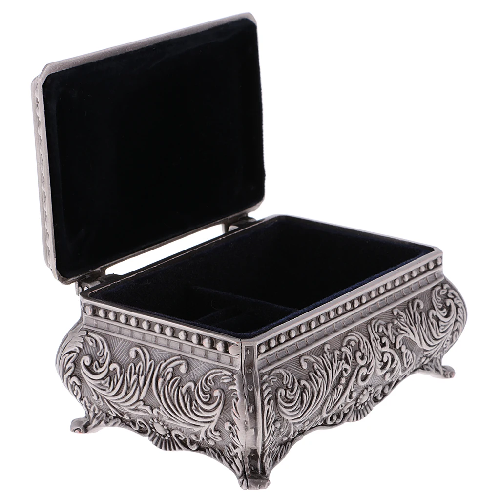 Antique Alloy Rectangle Jewelry Box Flower Sculpture Trinkets Chest Case with Black Velvet Interior Protection For Rings Pendant