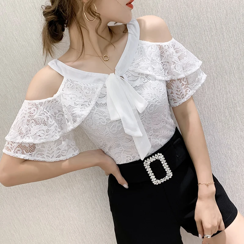 Summer Korean Clothes T-shirt Sexy Off Shouder Bowknot Lace Ruffles Women Tops Ropa Mujer Ruffle Sleeve All Match Tees T06214