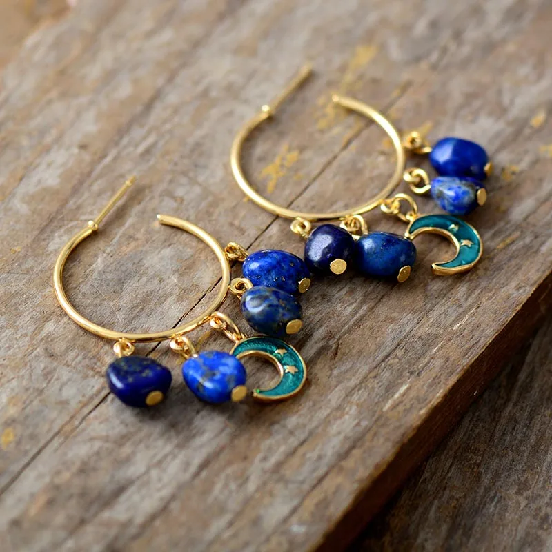 Boho Blue Lapis Luzuli Bold Fashion Gold Plated Hoop Earring Teen girls Ins Women Jewelry Bijoux Dropshipping Wholesale