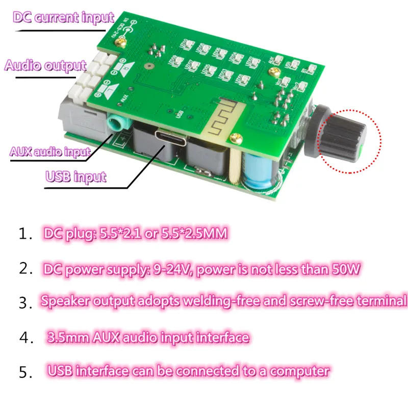TPA3116 블루투스 5.0 오디오 모듈, 스테레오 고전력 디지털 HIFI 2.0 전력 증폭기 보드 2x50W, TPA3116D2