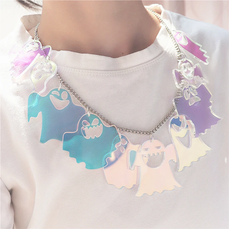 KUGUYS 10 Pendants in Ghost Necklace for Women Men Halloween Iridescence Multilevel Short Chain Exaggerate Acrylic Jewelry