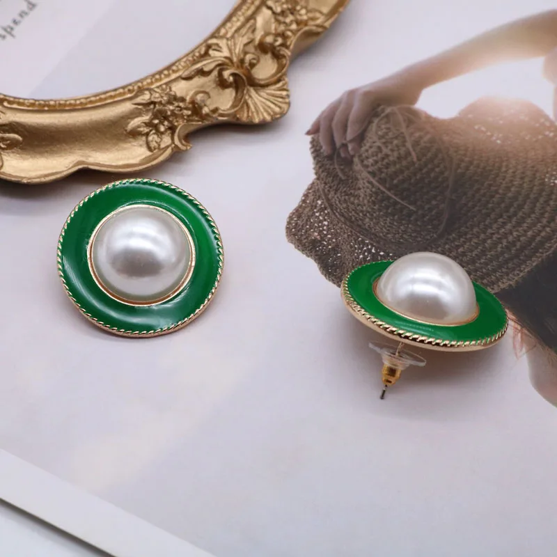 Blcak Green Round Earrings Imitate Pearls Enemal Party Brincos Stud Jewelry gift