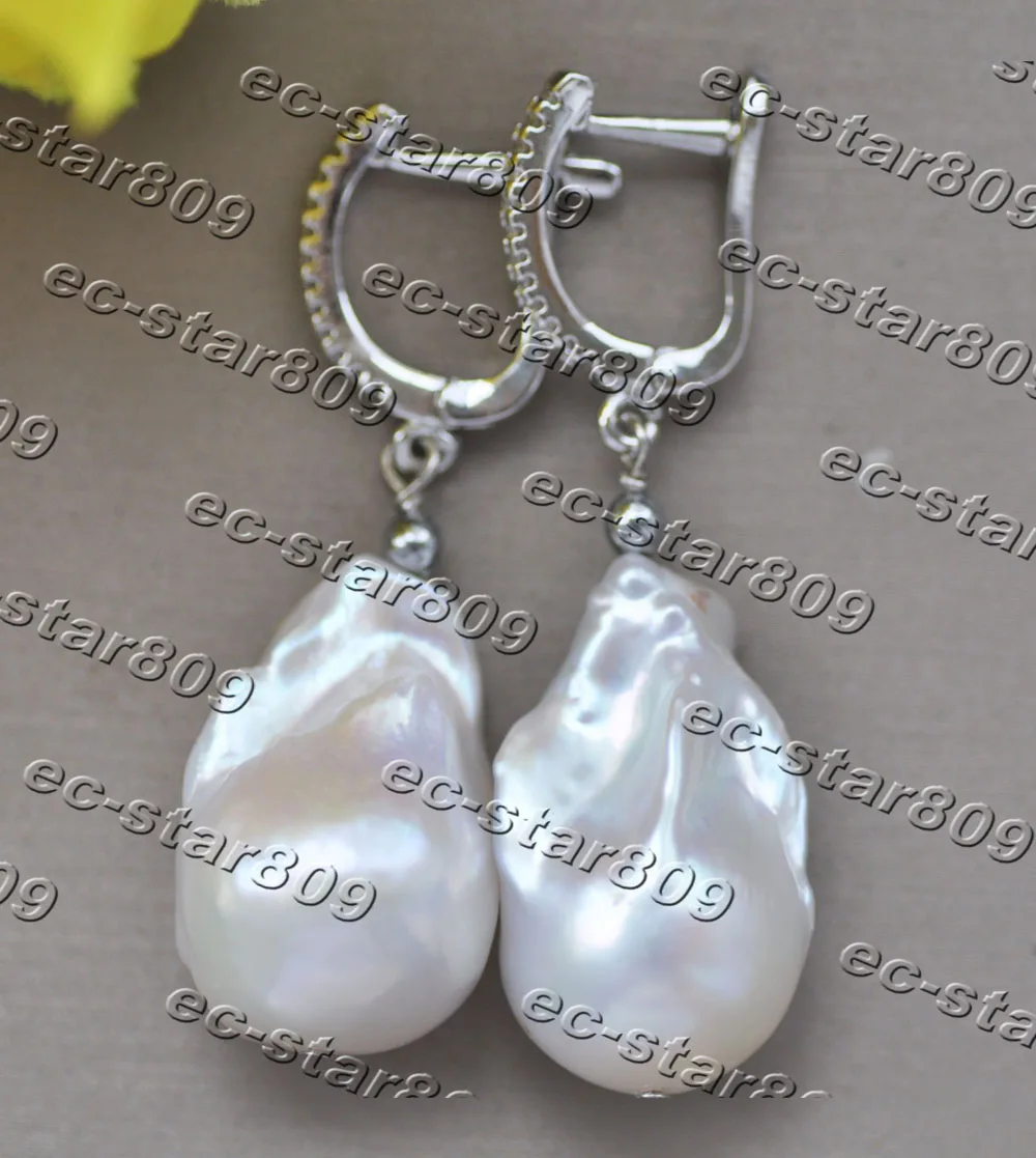 Z11179 25mm White Baroque Reborn Keshi Pearl Dangle Earring CZ Fine Women Fine Jewelry