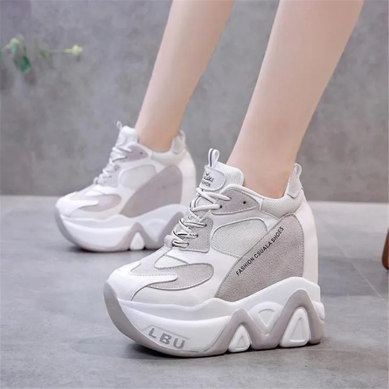 Kobiety buty na wysokiej platformie nowe oddychające kobiety wysokość zwiększenie buty 12 CM gruba podeszwa trenerzy trampki kobieta obuwie