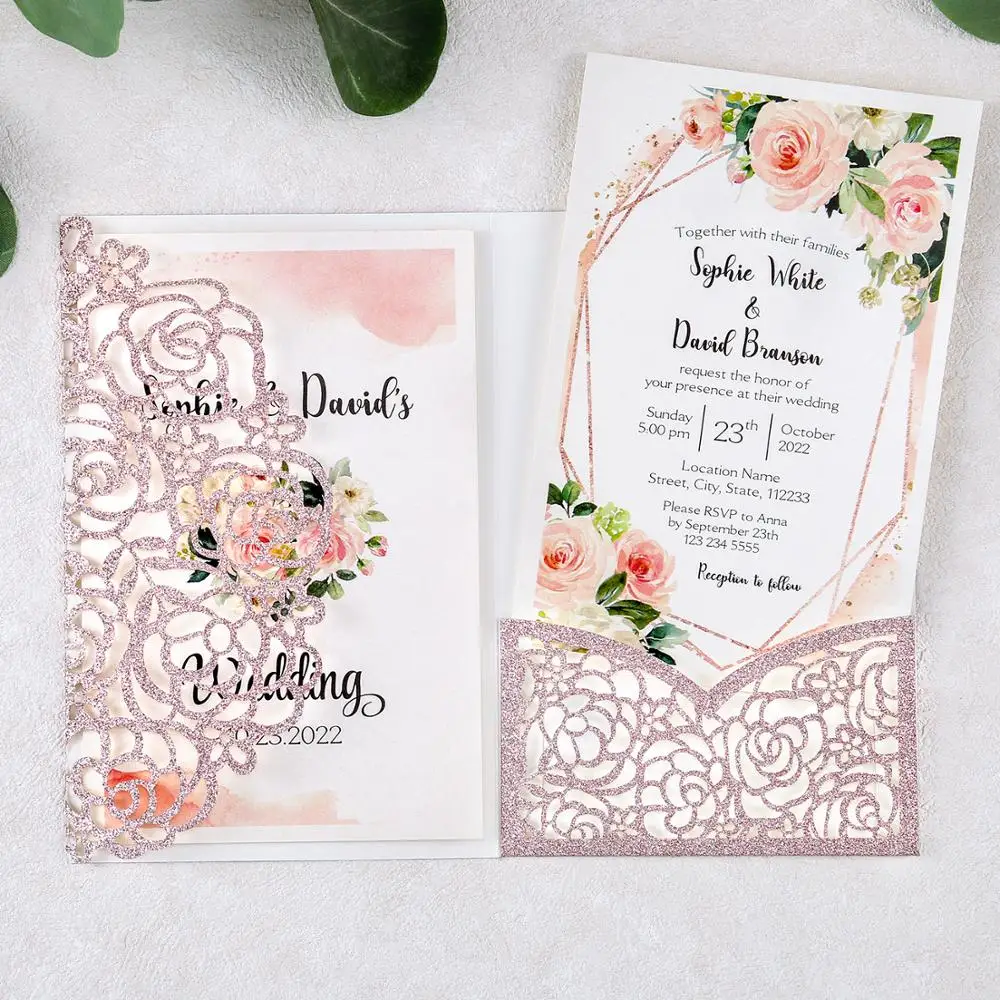 100pcs Rose Gold Laser Cut Hollow Wedding Invitations Cards with Rose Pockets and Envelopes for Wedding/Quinceanera/Birthday