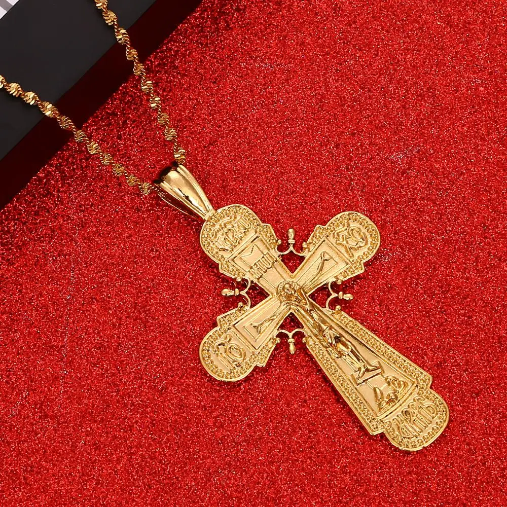 24K Gold Color Jesus Christ Cross Pendant Necklace Catholic Cross Jewelry for Women