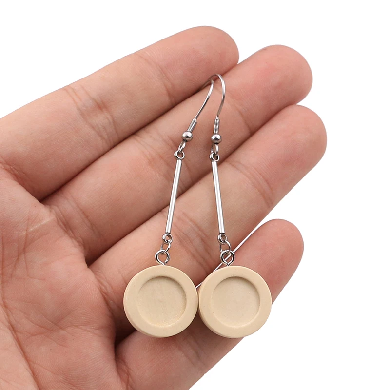10pcs/lot Wood 12mm Cabochon Earring Base Settings Blank Long Earrings Bezel Trays Diy Stainless Steel Earring Hooks Findings