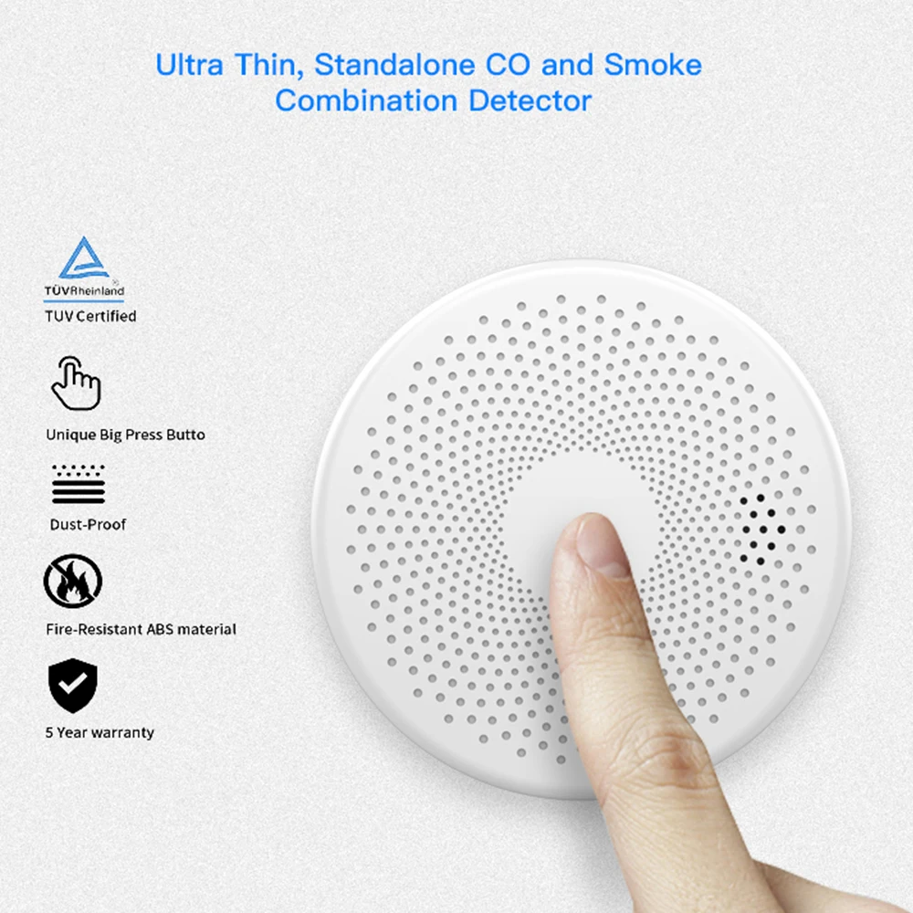 Tuya-Sensor de humo CO 2 en 1, Detector de monóxido de carbono, alarma integrada de 85dB, alerta de sonido, indicador LED, seguridad del hogar, protección contra incendios