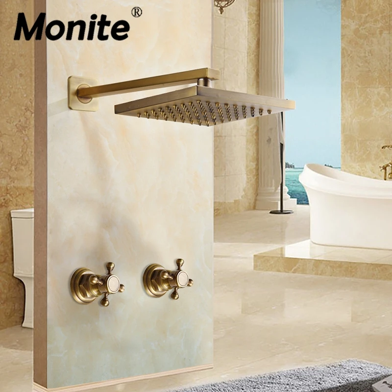 

Monite 8 inch Antique Brass Square Wall Mounted Bathroom Rainfall Shower Faucet Sets Head & Hand Shower Shower Set