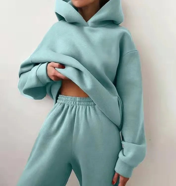 Damski dres jesień Plus polar bluzy dwuczęściowy zestaw Casual ponadgabarytowy jednolity, damski sportowa bluza z kapturem garnitur długie spodnie