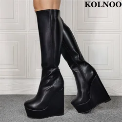 Kolnoo Newest Handmade Womens Super Wedge Heel Boots Black Faux Leather Evening Party Prom Half Boots Sexy Fashion Winter Shoes