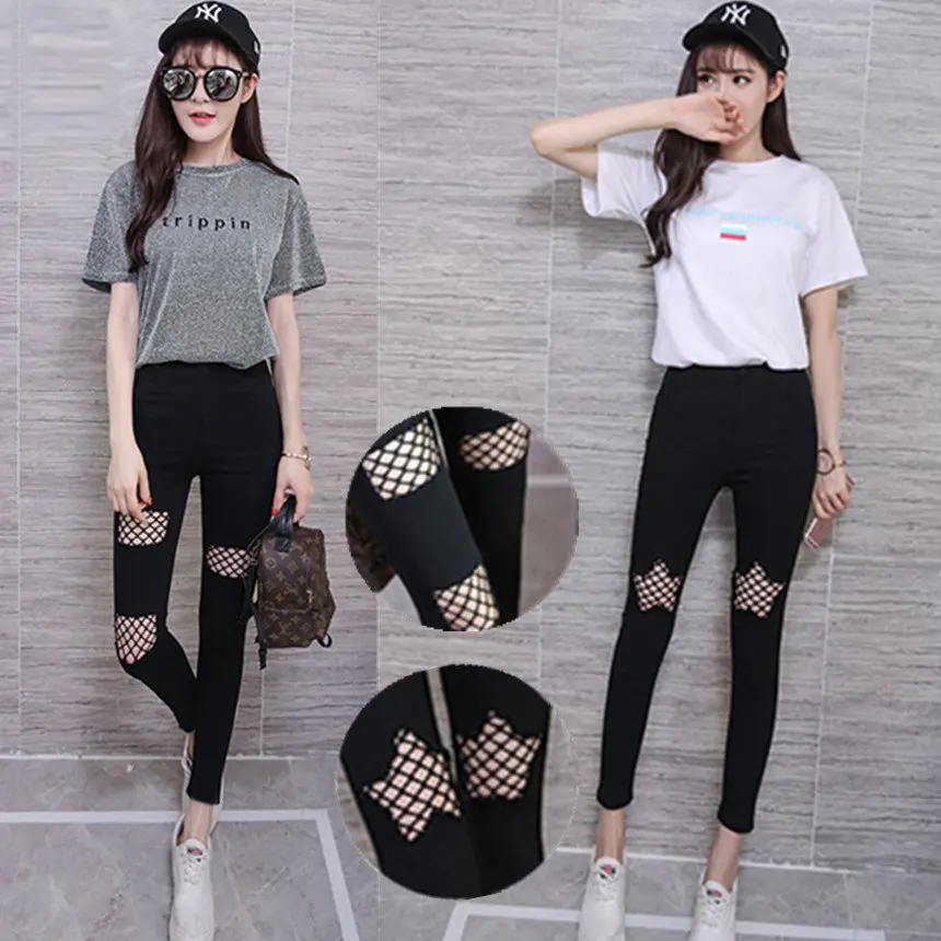 2021 Thin Ripped Pencil Pants Women's Fishnet Beggar Black Leggings Outer Wear Students Elastic Slimming Cropped Skinny Trousers