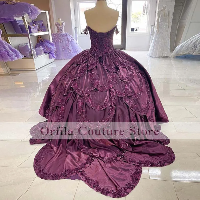 Roxo lantejoulas laço vestido de baile quinceanera vestido 2021 fora do ombro vestidos 15 anos espartilho plus size doce 16 vestidos