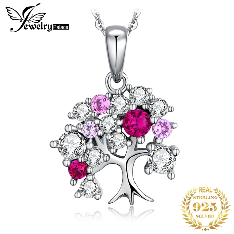 JewelryPalace Life Tree Created Ruby 925 Sterling Silver Pendant Necklace for Women Statement Gemstone Jewelry Choker No Chain