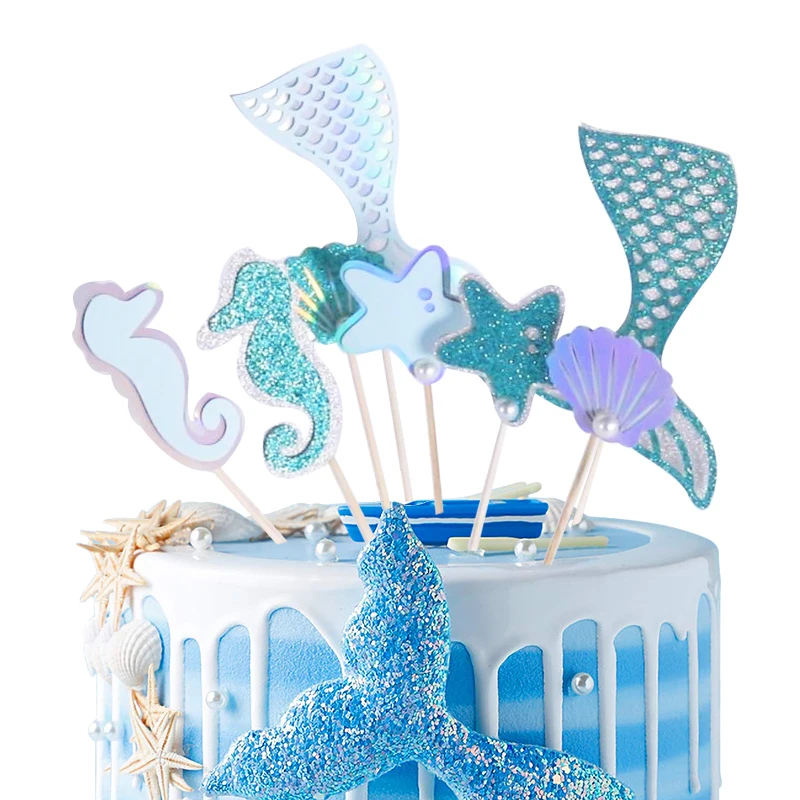 Glitter Mermaid Cake Topper Mermaid Tail Shell Happy Birthday Cupcake Topper For Birthday Dessert Cake Decoration Under the Sea view 5