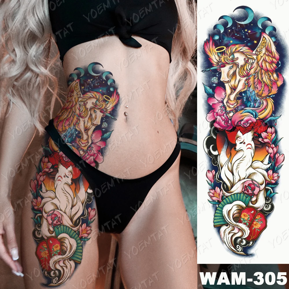 Large Arm Sleeve Tattoo Unicorn Fox Cat  Waterproof Temporary Tatto Sticker Peony Bird Body Art Full Fake Tatoo Women Men