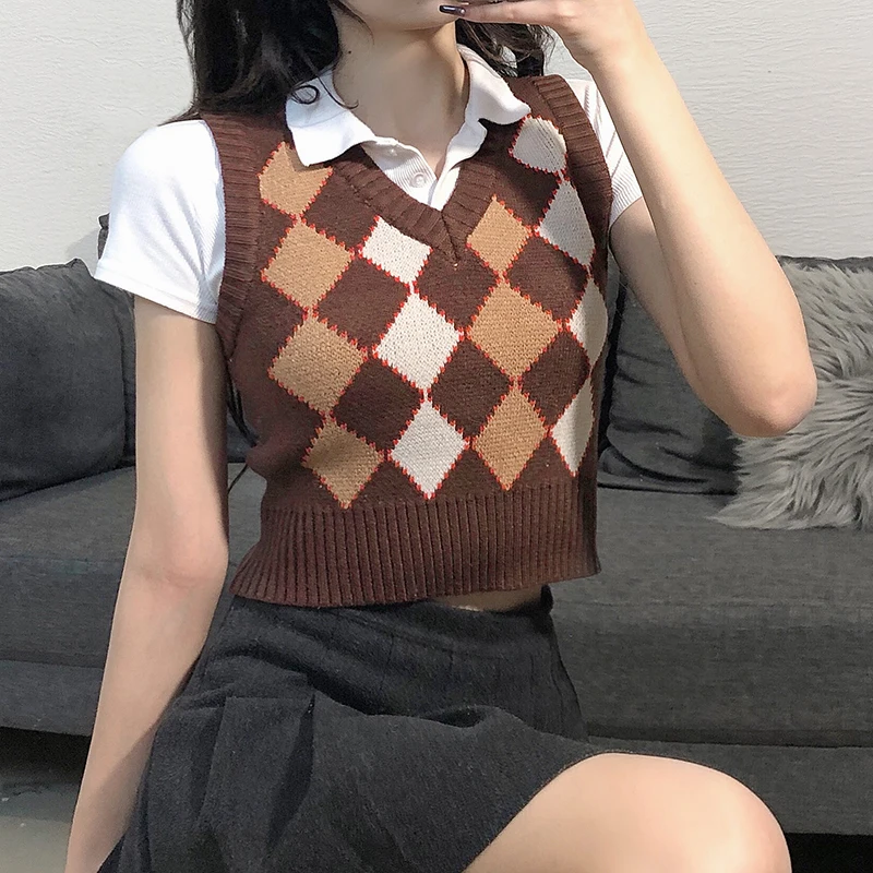 Women Sweater Vest Vintage Autumn Knit Pullover Cute Crop Jumper Short Sweater Streetwear Brown Top Dropshipping