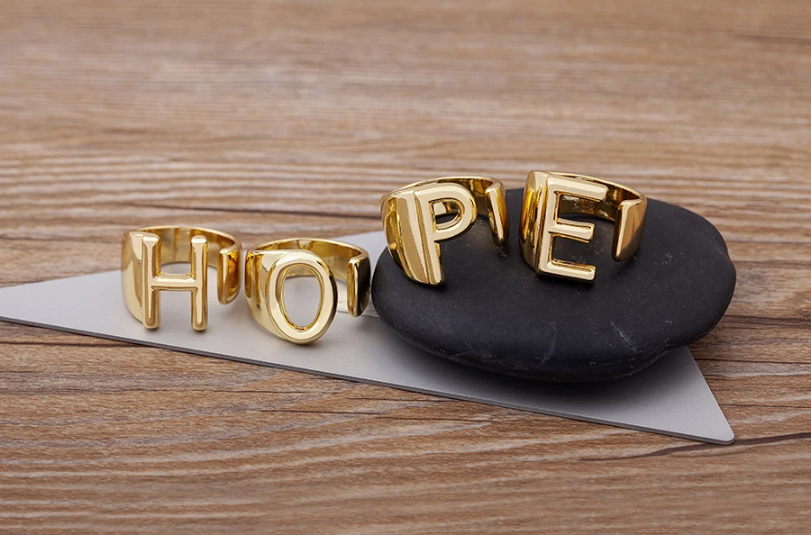 Trendy Hollow A-Z Letter Gold Color Adjustable Opening Ring Initials Name Alphabet Female Chunky Wide Party Wedding Jewelry