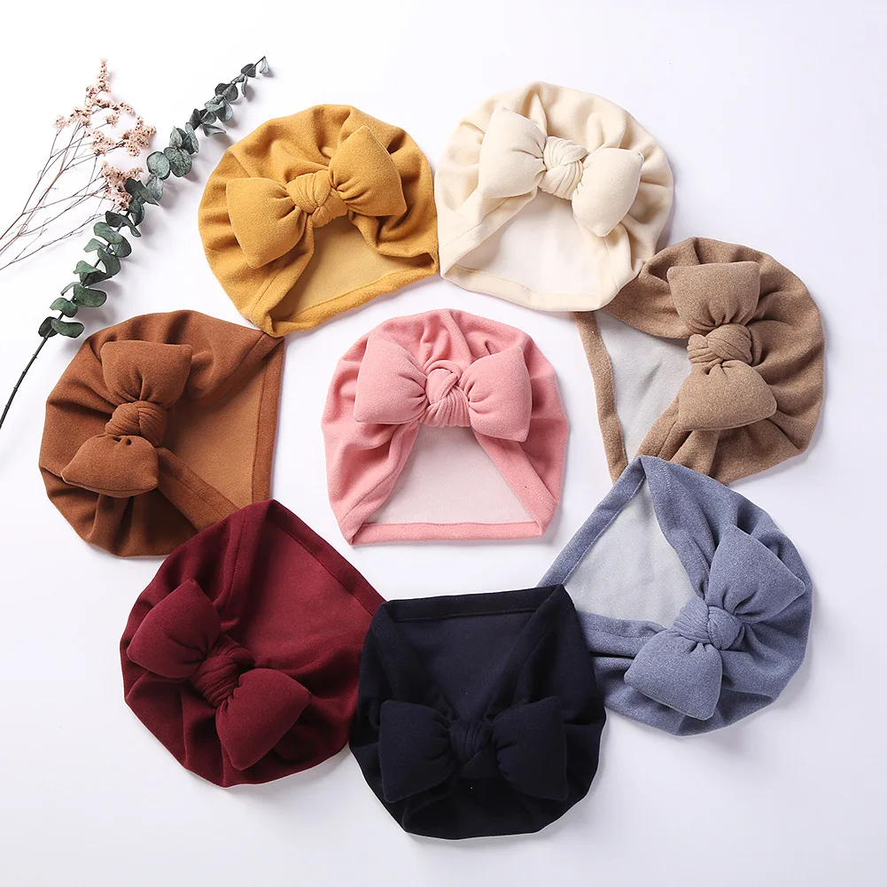 Solid Color Baby Hat Bowknot Baby Girls Boys Cashmere Turban Knot Head Wraps Baby Kids Bonnet Beanies Newborn Hospital Caps