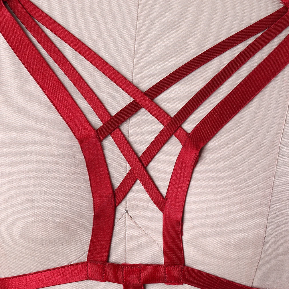 HANAERNES Red Sexy Bustier Bandage Cage Bra Cupless Goth Lingerie Elastic Lingerie Punk Rock Crop Tops Women Bra Top