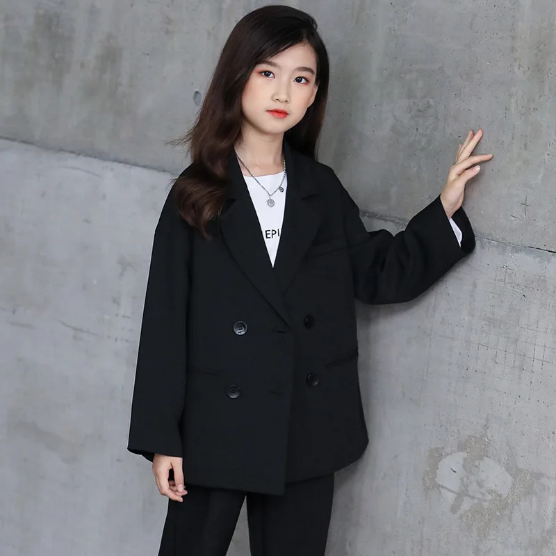 Girls\' Suit Jacket Pants 2-Piece Suit Autumn New Korean All-Match Blazer Suit Children\'S Black Long-Sleeved Trousers Suit LC794