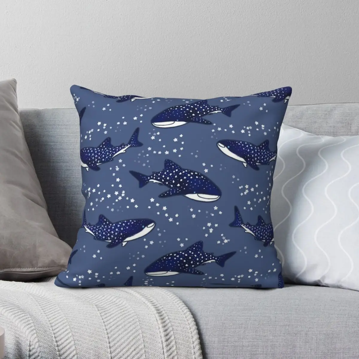 

Starry Whale Sharks Dark Square Pillowcase Polyester Linen Velvet Pattern Zip Decor Home Cushion Cover