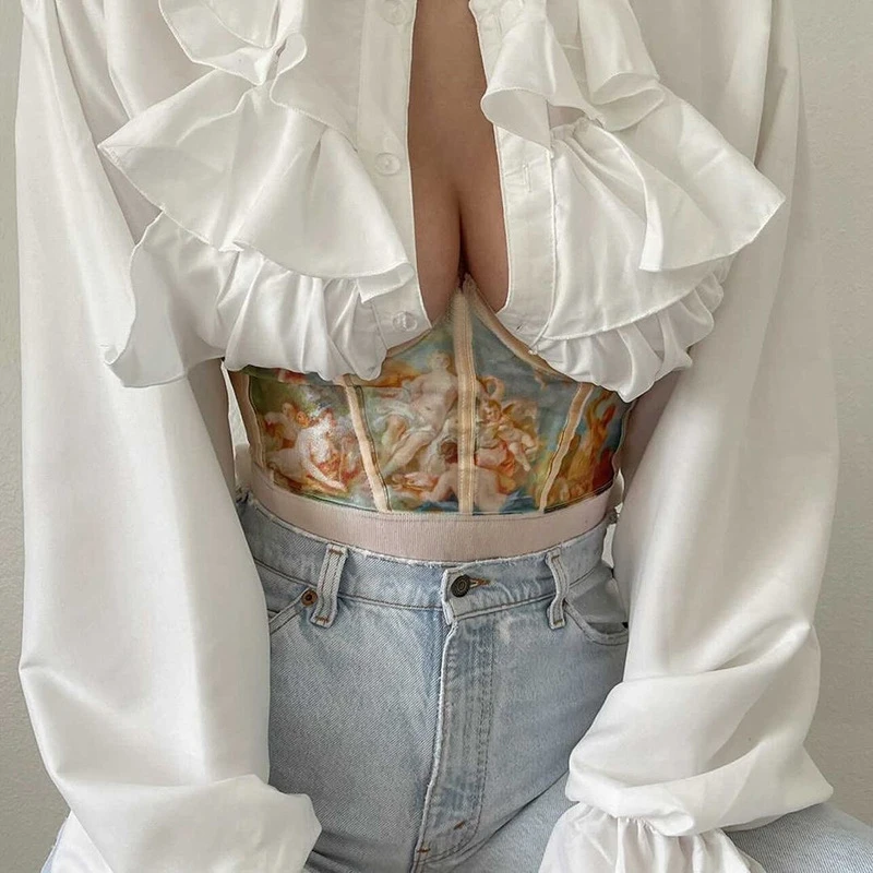 90s Vintage Oil Painting Print Corset Top Fitness Elastic Shaper with Chest Support Belts Y2K Aesthetics Women Bustier Crop Top