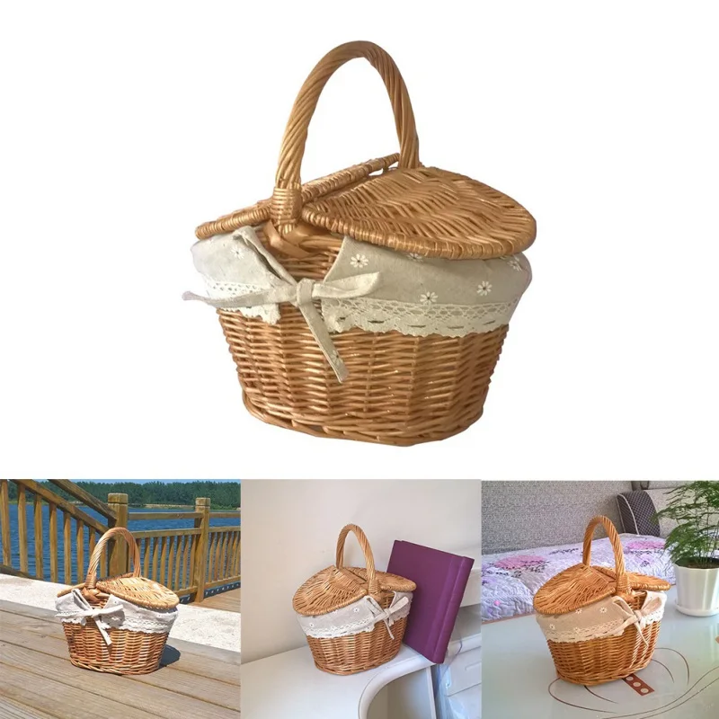 

Wicker Woven Picnic Basket Hamper with Lid Camping Food Fruit Picnic Basket Hand Shopping Storage Bags Bread Drink Container