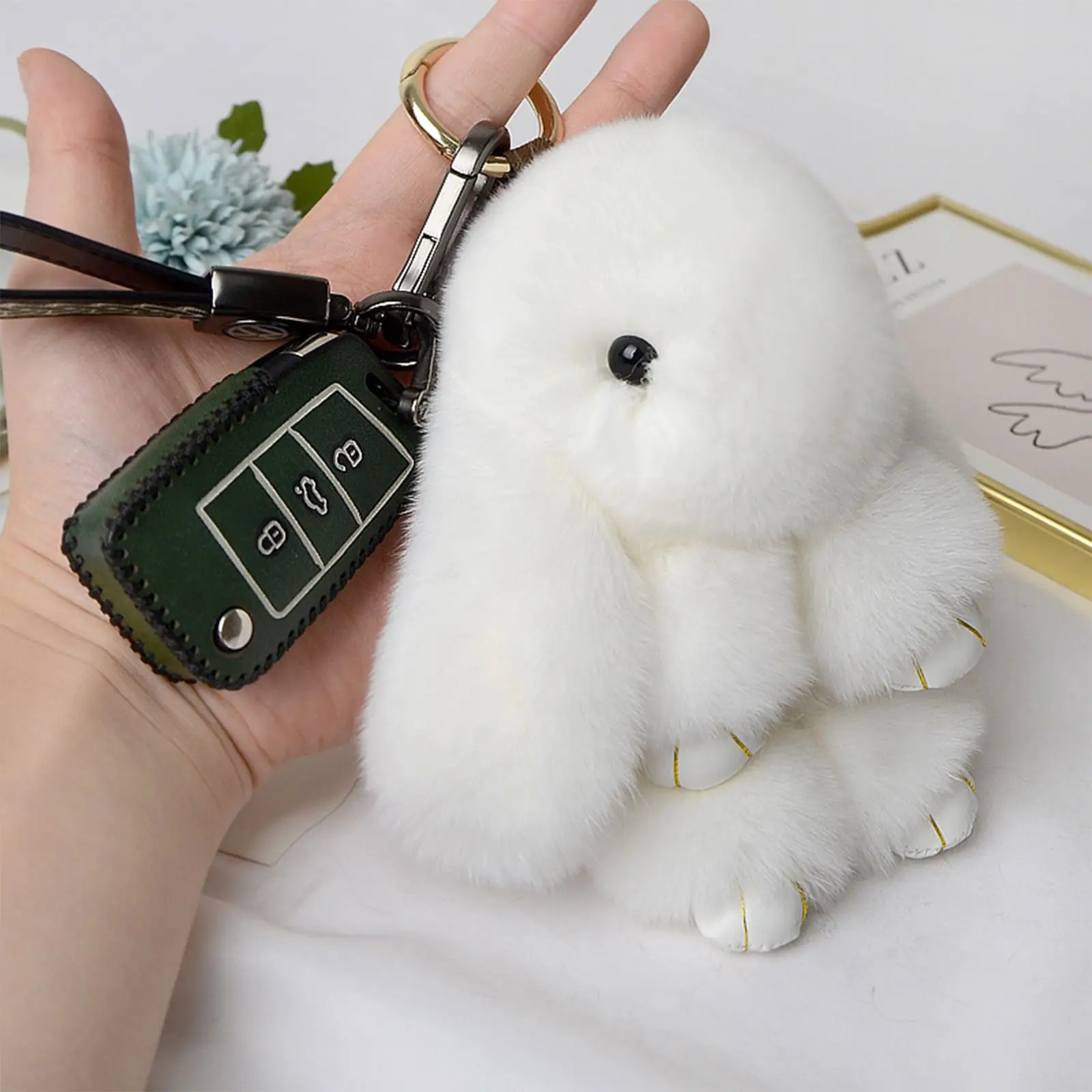 Cute Plush Bunny Keychain Women Fur Pom Pom Angel Rabbit Key Ring Hare Pompom Plush Dolls Toy Girls Bag Car Key Pendant